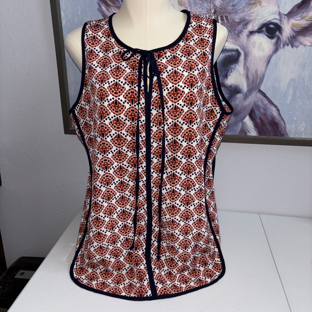 Pleione Women's M Salmon Navy White Geometric Sleeveless Peekaboo Tank Blouse